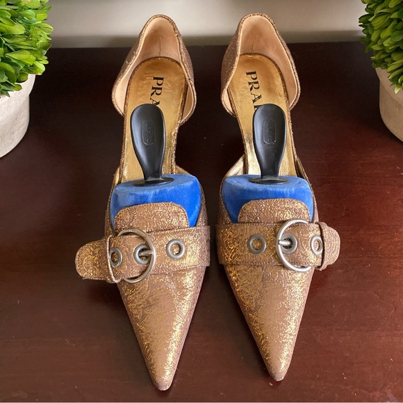 PRADA VINTAGE D’ORSAY KITTEN HEELS PUMPS GOLDEN BROCADE ICONIC BUCKLE SIZE 39.5 - Picture 16 of 17